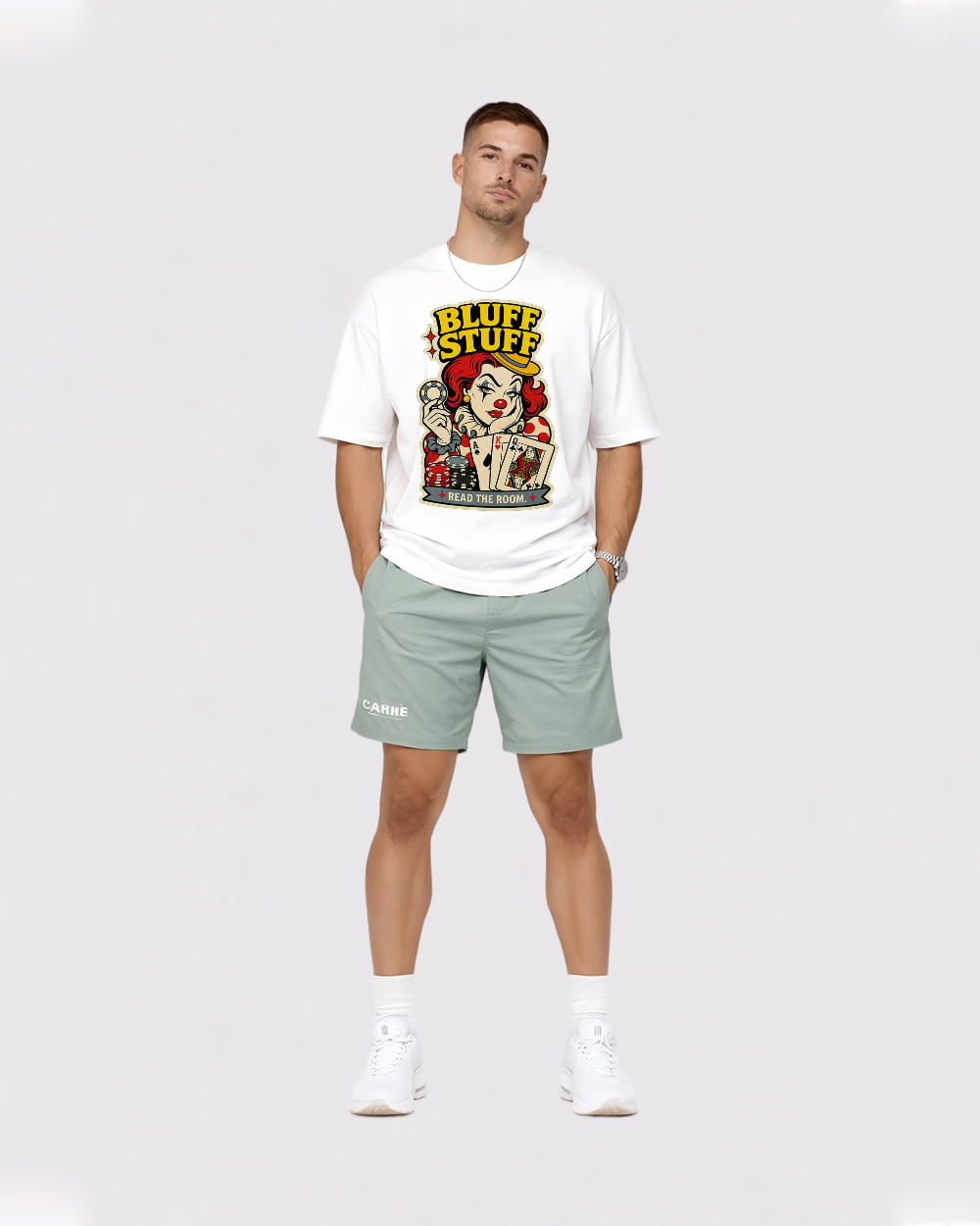 Bluff Stuff, Read The Room Retro Graphic T-Shirt, full body fit view, image 2