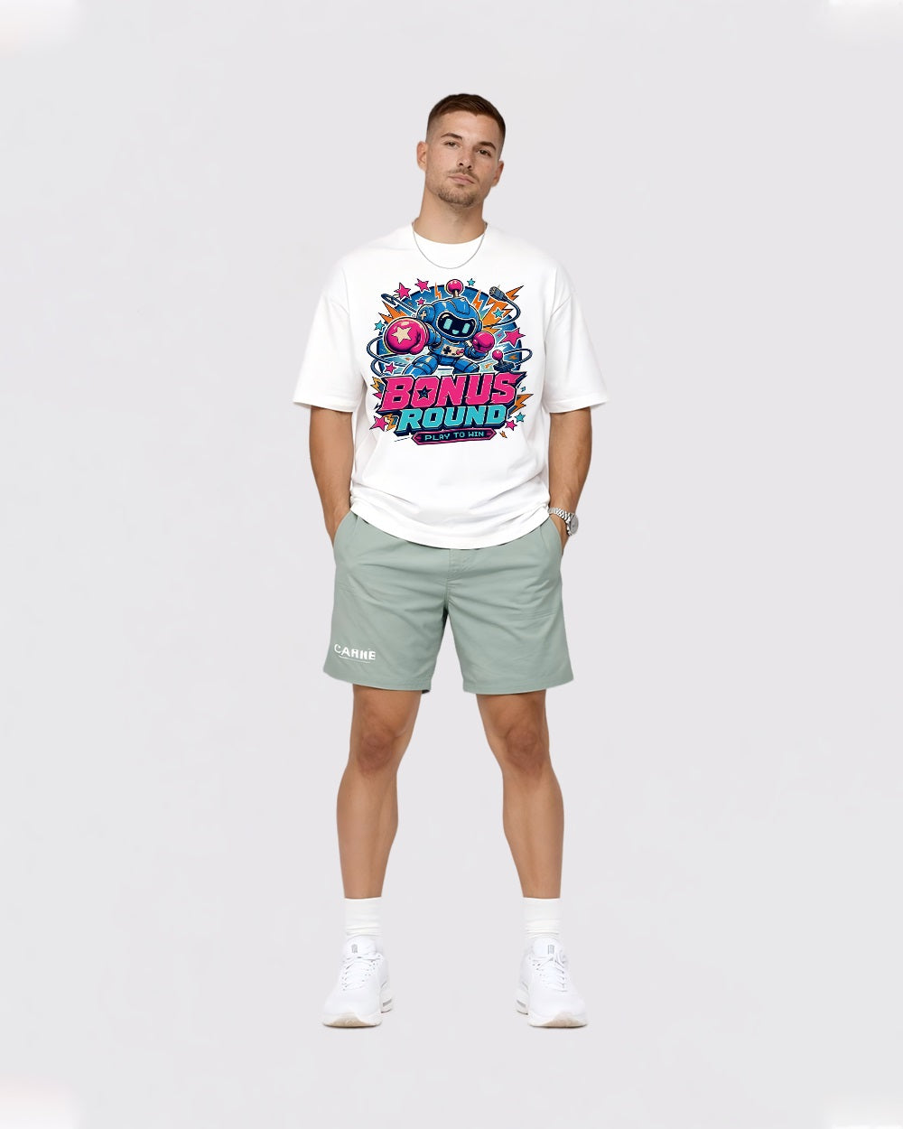Bonus Round, Play To Win Streetwear Graphic T-Shirt, full body fit view, image 2