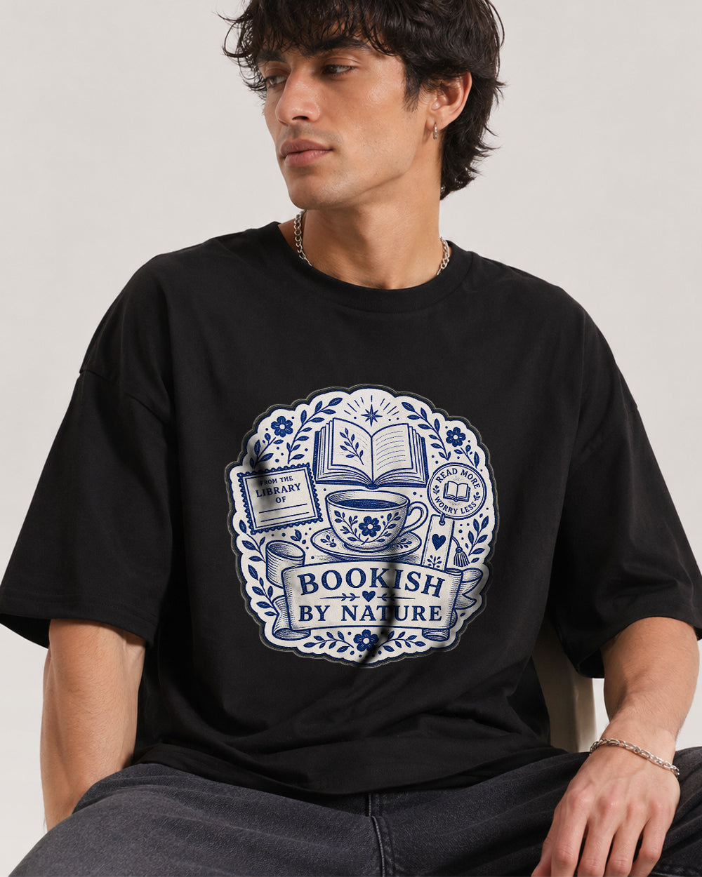 Bookish By Nature Pop Culture Graphic T-Shirt in Black, front model view 1
