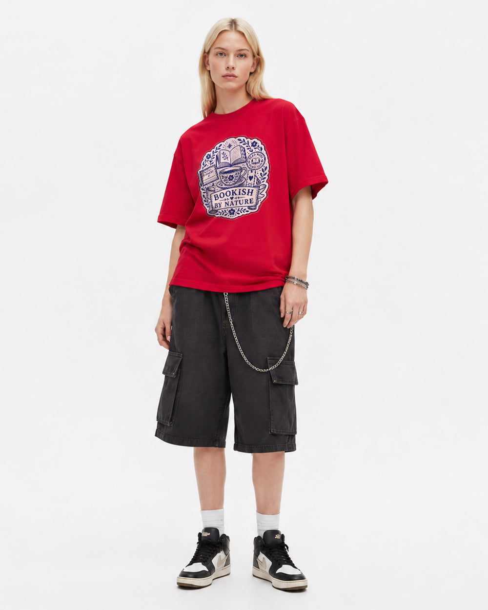 Bookish By Nature Pop Culture Graphic T-Shirt in Red, front model view 5