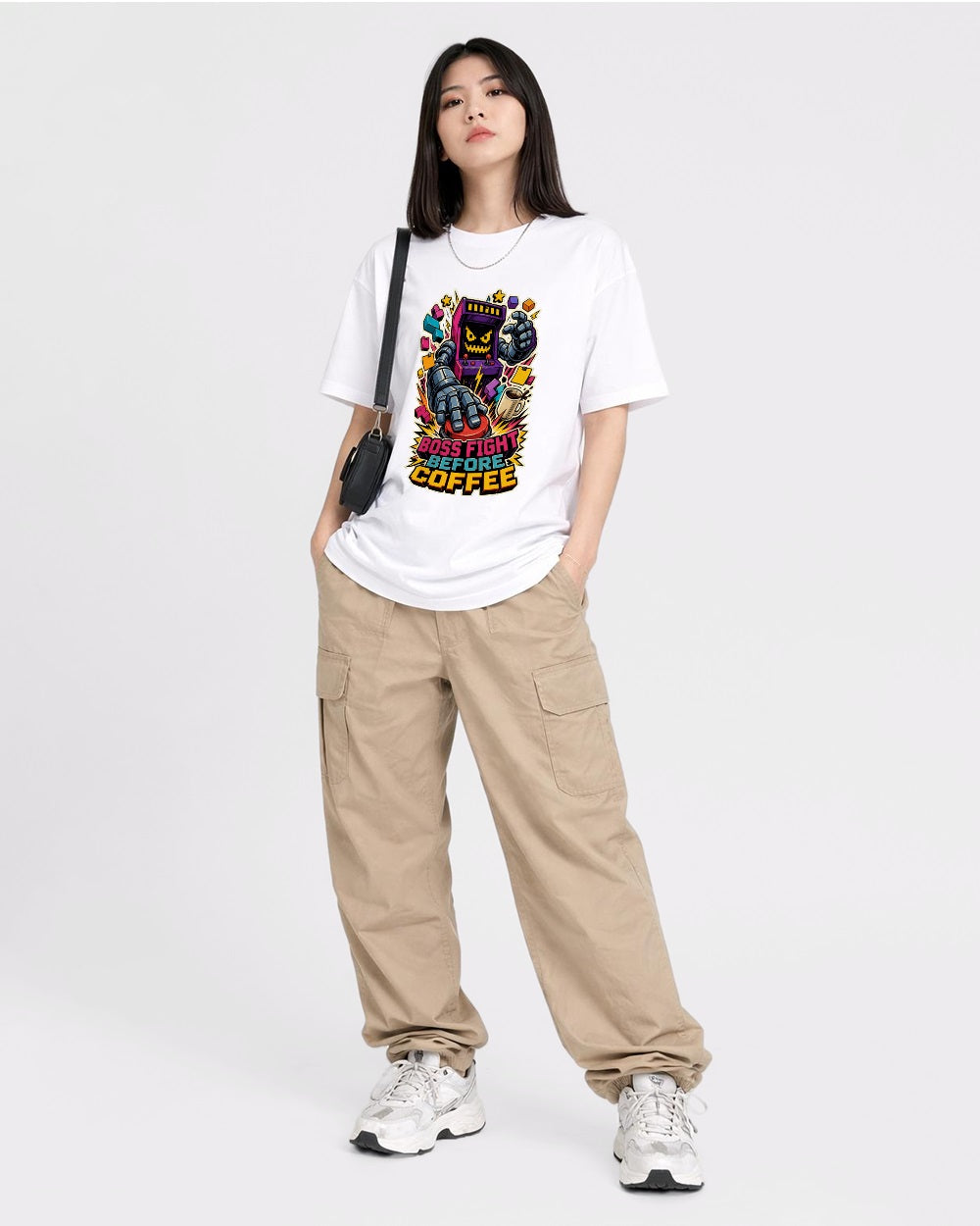 Boss Fight Before Coffee Gaming Graphic T-Shirt, full body fit view, image 2