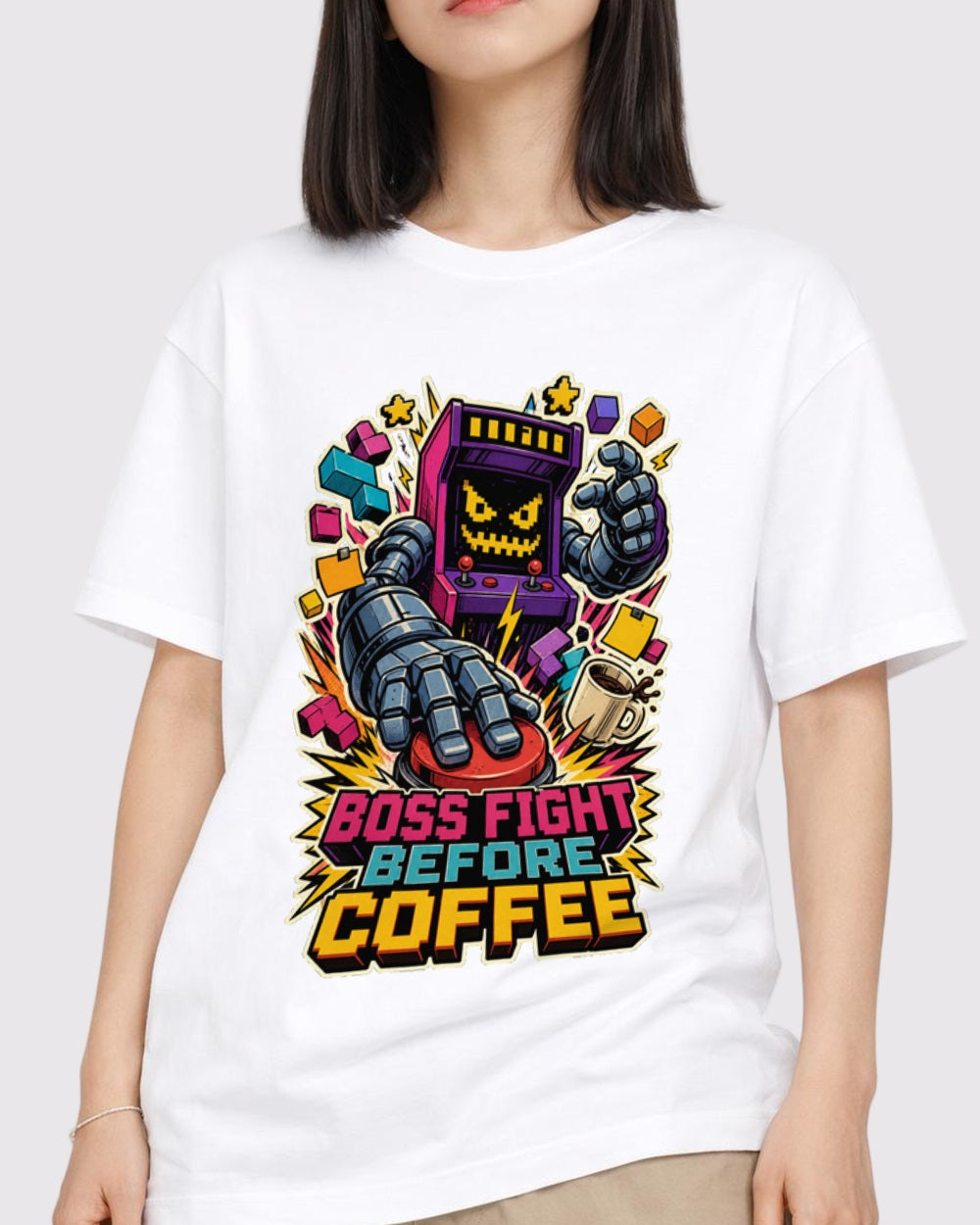 Boss Fight Before Coffee Gaming Graphic T-Shirt, primary front view, image 1