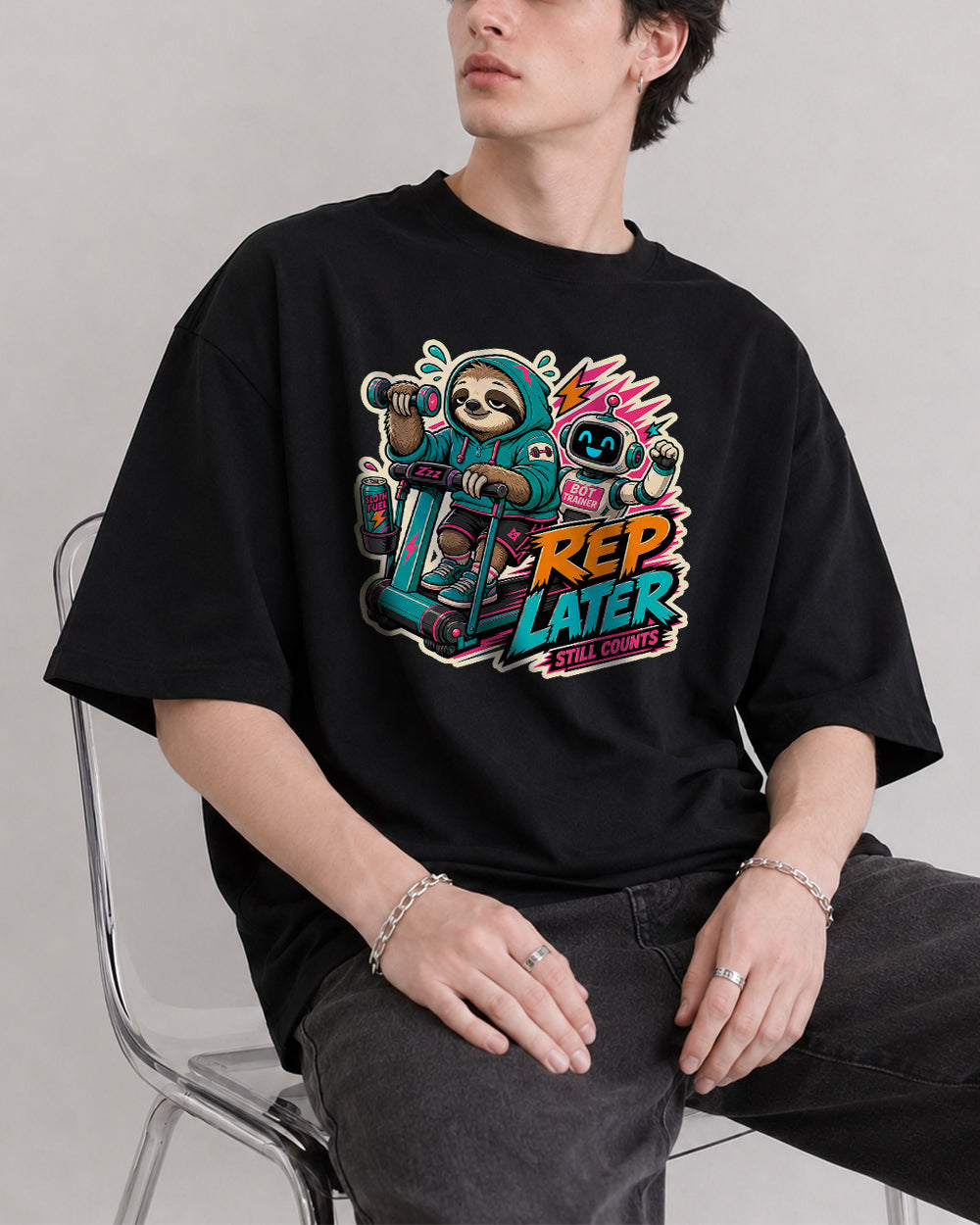 Bot Rep Later, Still Counts Streetwear Graphic T-Shirt in Black, front model view 1