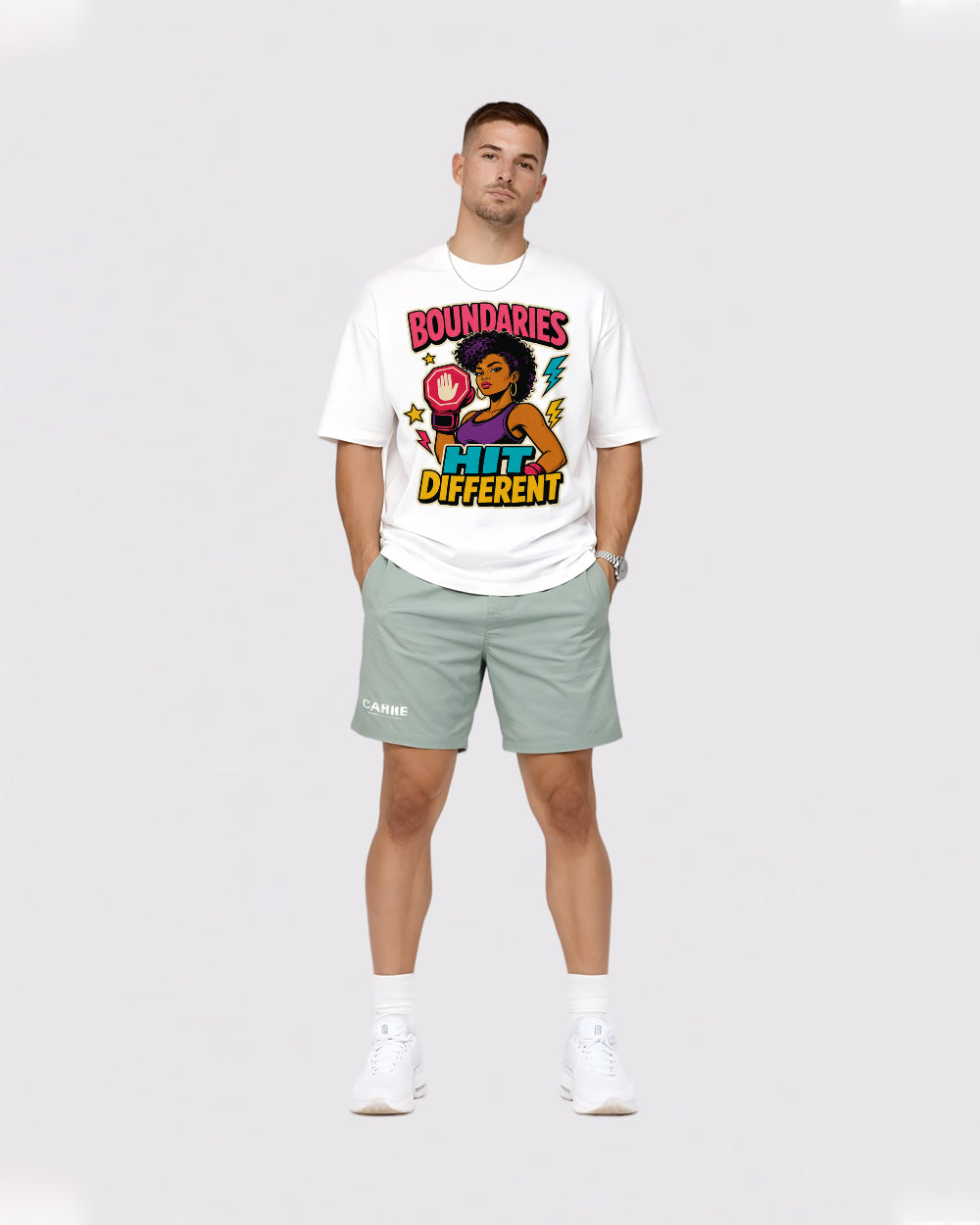 Beige Boundaries Hit Different Graphic T-Shirt full body fit view 2 image