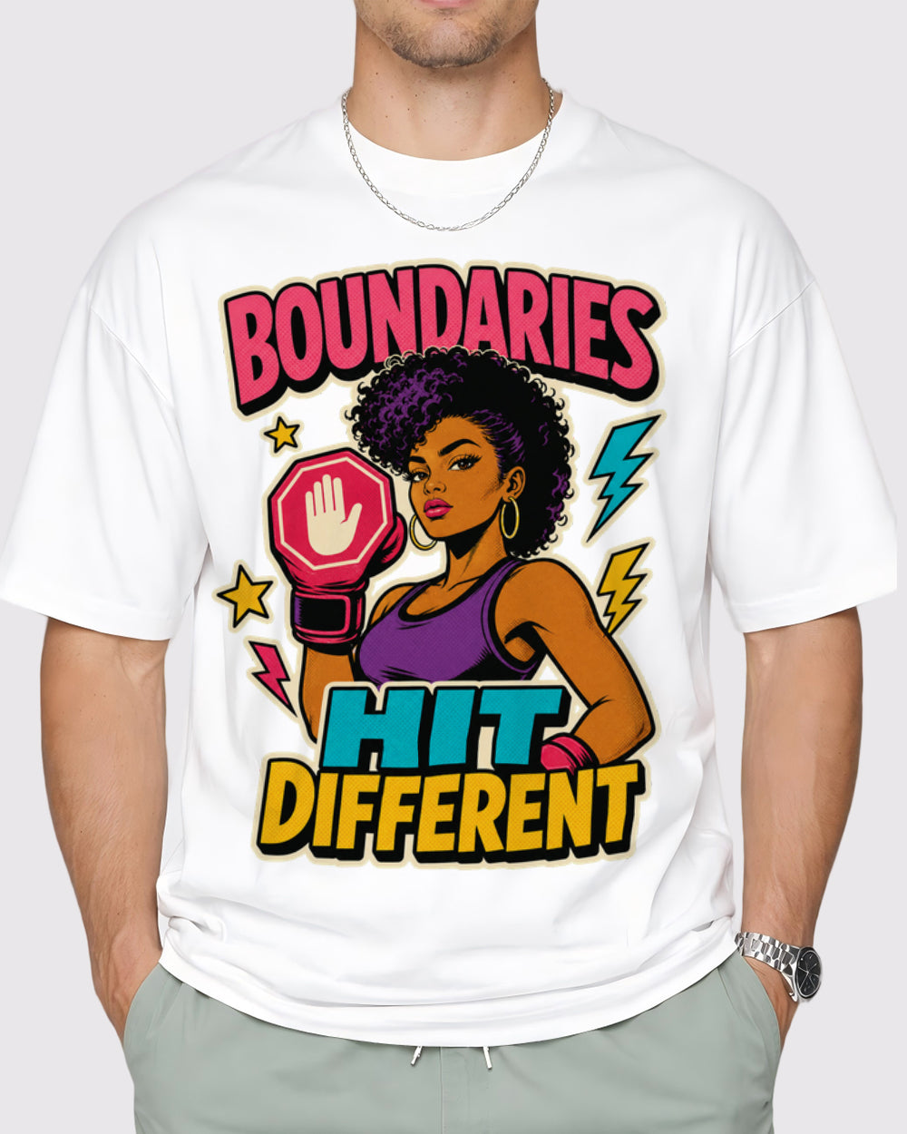 White Boundaries Hit Different Graphic T-Shirt primary front view 1 image
