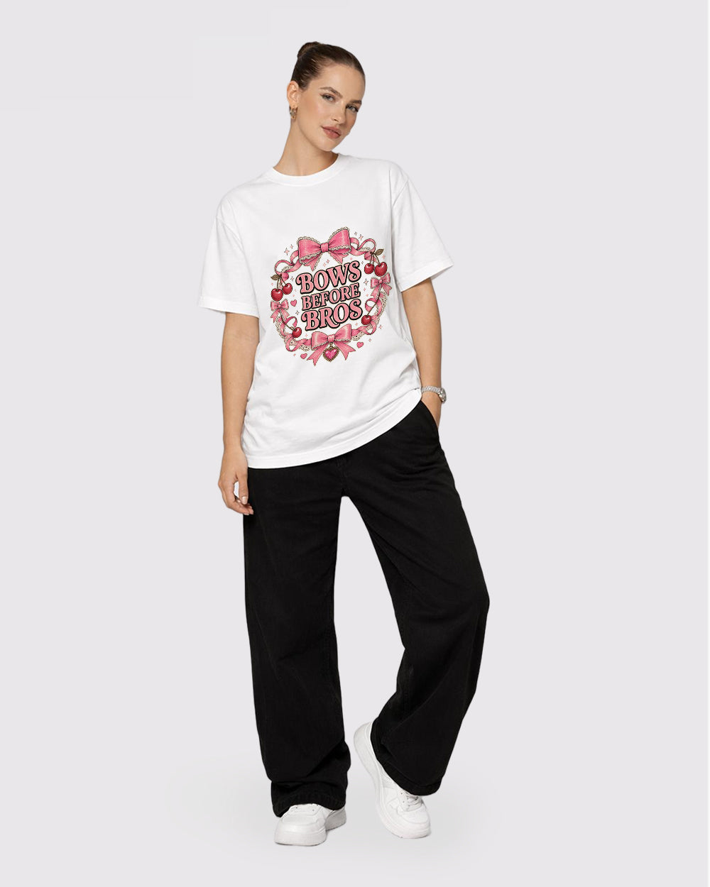 Bows Before Bros Funny Graphic T-Shirt, full body fit view, image 2