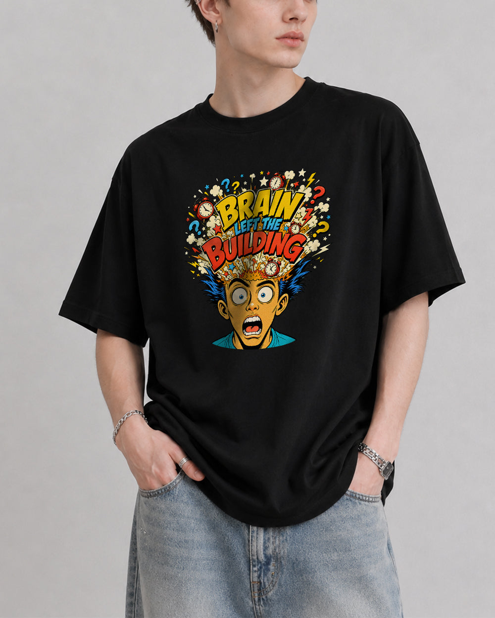 Brain Building Funny Graphic T-Shirt in Black, front model view 1