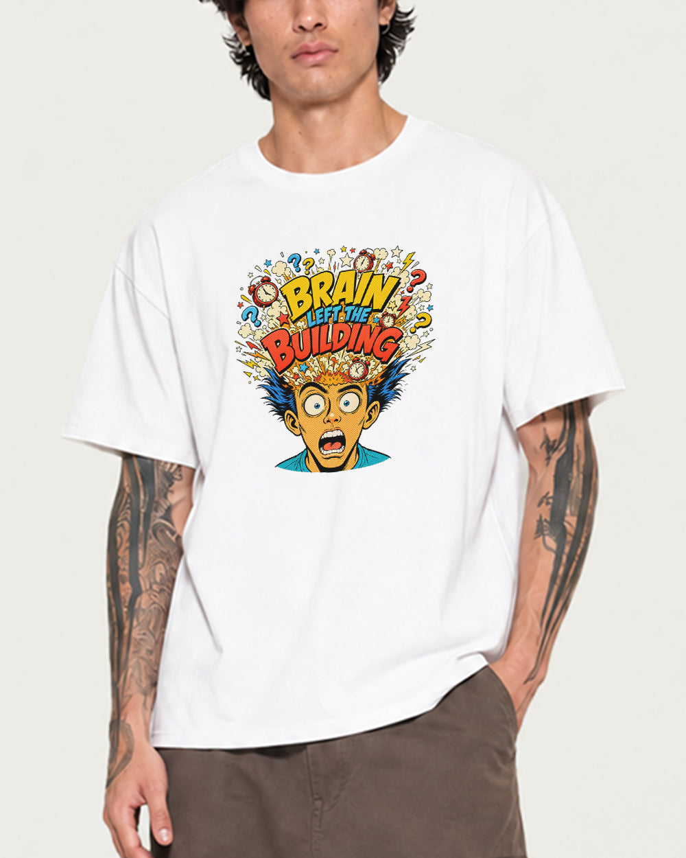 Brain Building Funny Graphic T-Shirt in White, front model view 8