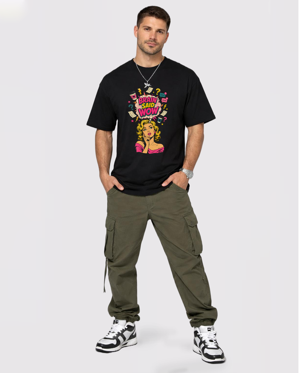 Brain Said Wow Retro Graphic T-Shirt, full body fit view, image 2
