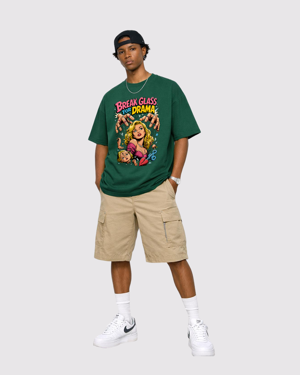 Break Glass For Drama Retro Graphic T-Shirt, full body fit view, image 2