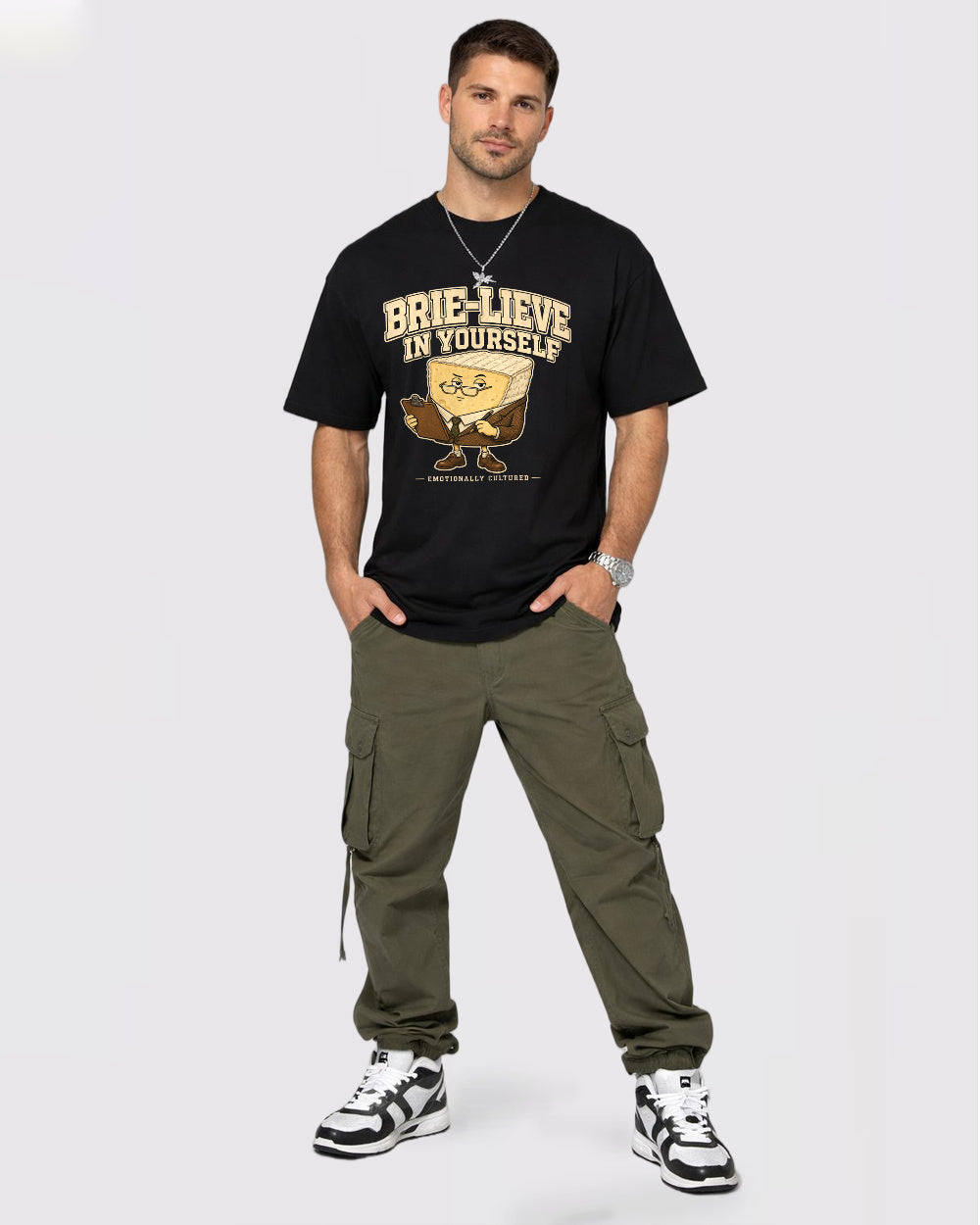 Brie-lieve In Yourself Food Graphic T-Shirt, full body fit view, image 2