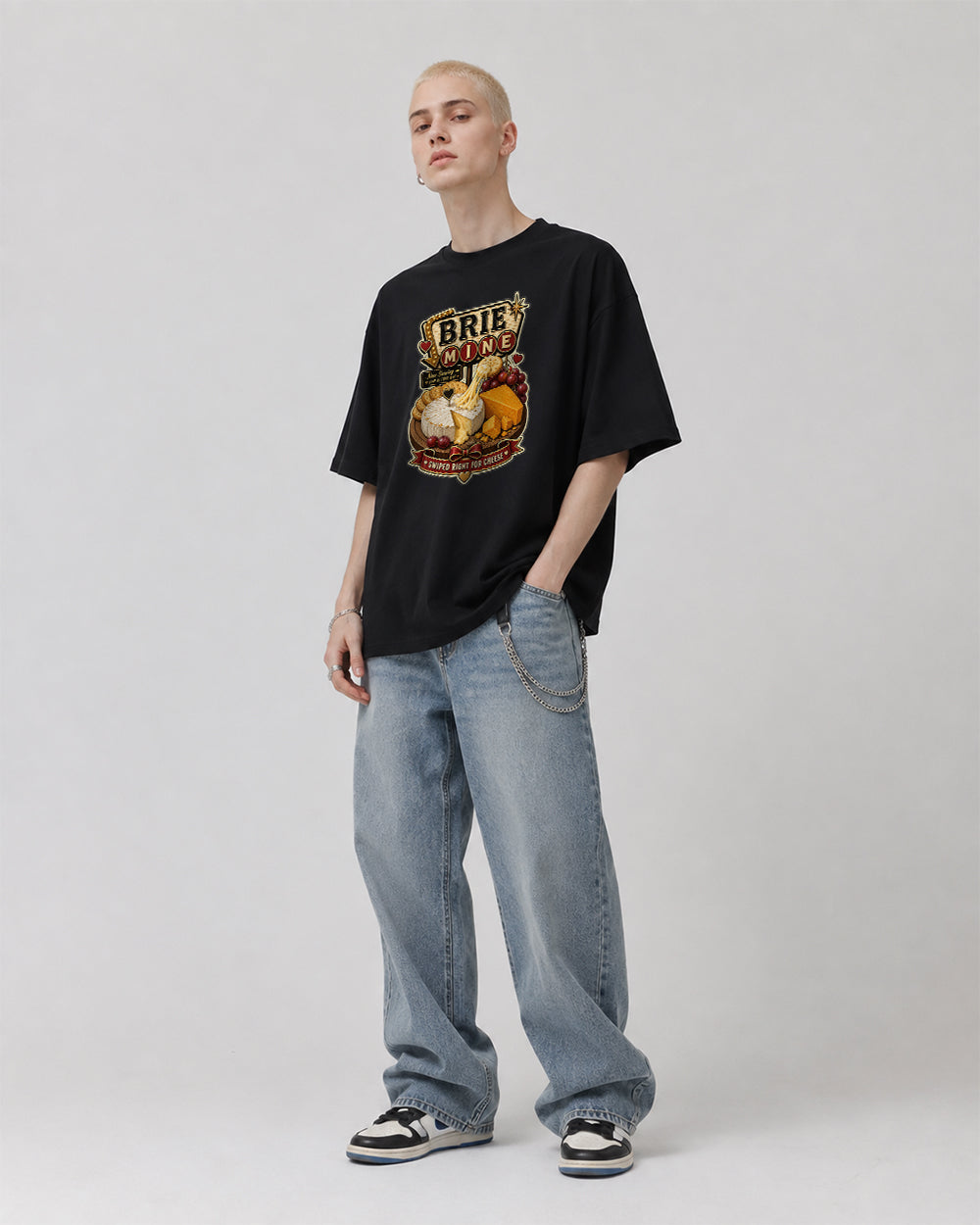 Brie Mine Love at First Bite Food Graphic T-Shirt in Black, front model view 1