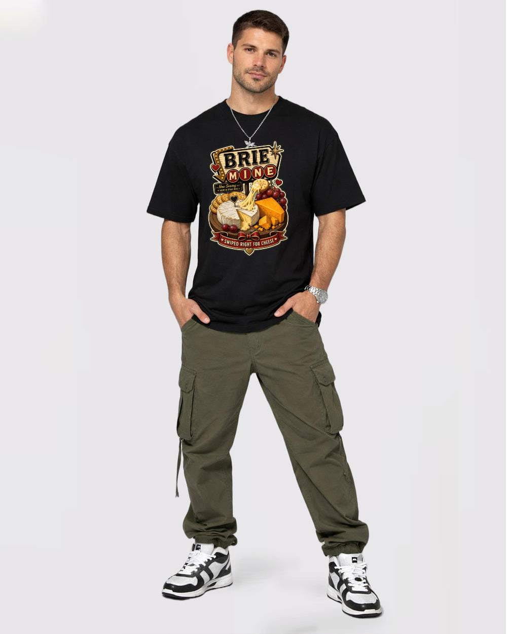 Brie Mine Love at First Bite Food Graphic T-Shirt, full body fit view, image 2