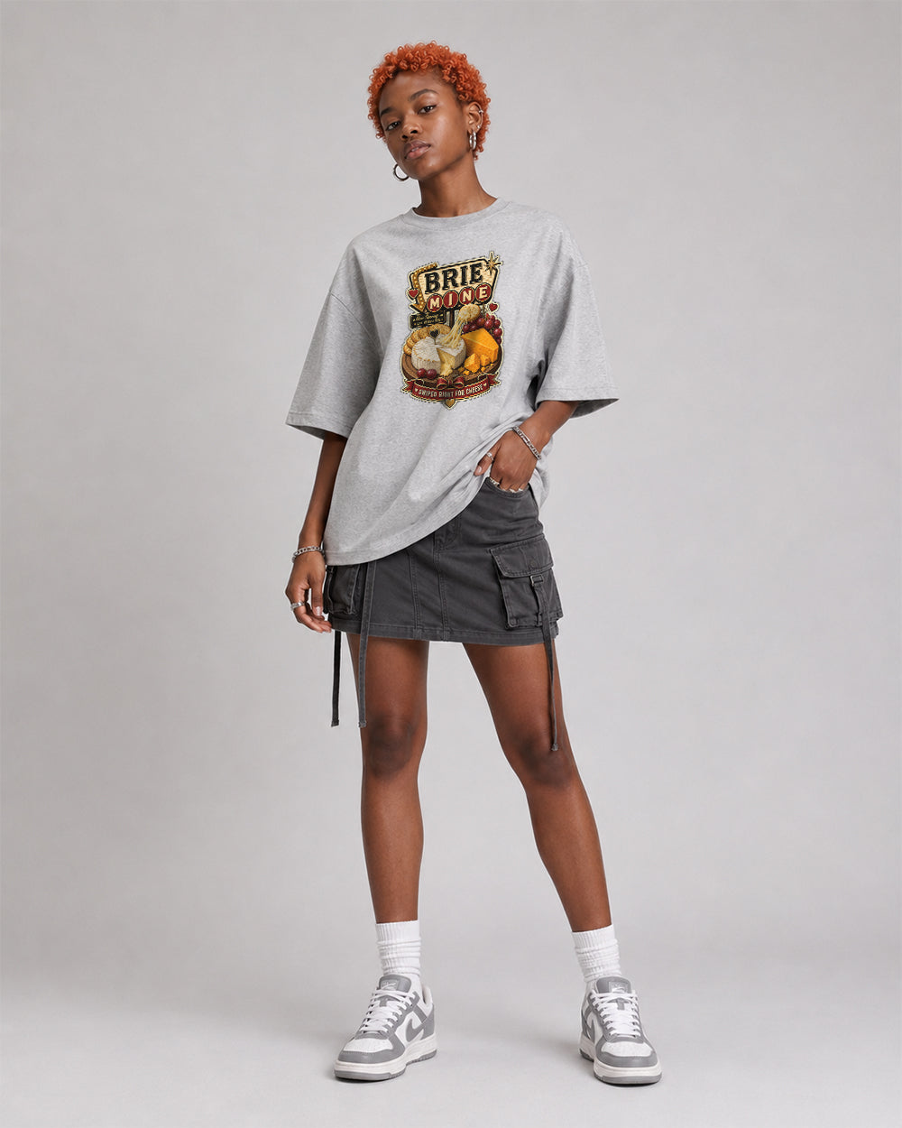 Brie Mine Love at First Bite Food Graphic T-Shirt in Gray, front model view 2
