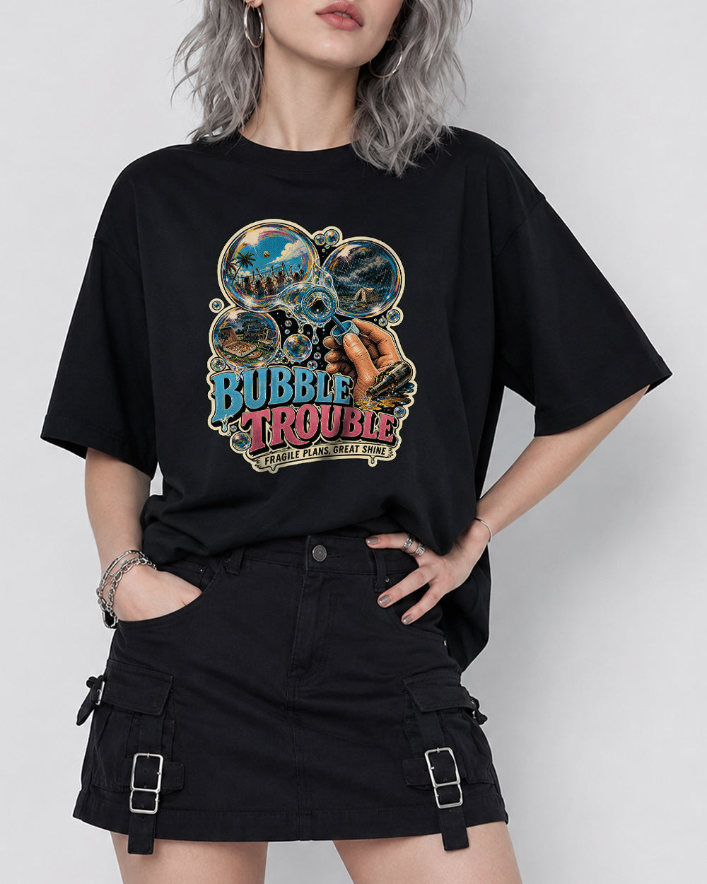 Bubble Trouble Nature Graphic T-Shirt in Black, front model view 1