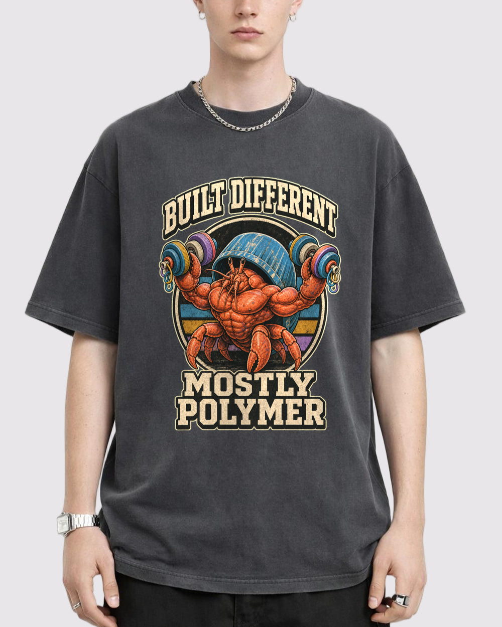 Built Different, Mostly Polymer Retro Graphic T-Shirt, primary front view, image 1