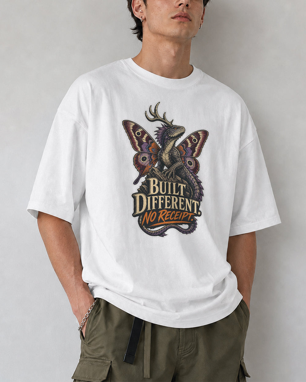 Built Different, No Receipt Dark Graphic T-Shirt in White, front model view 2