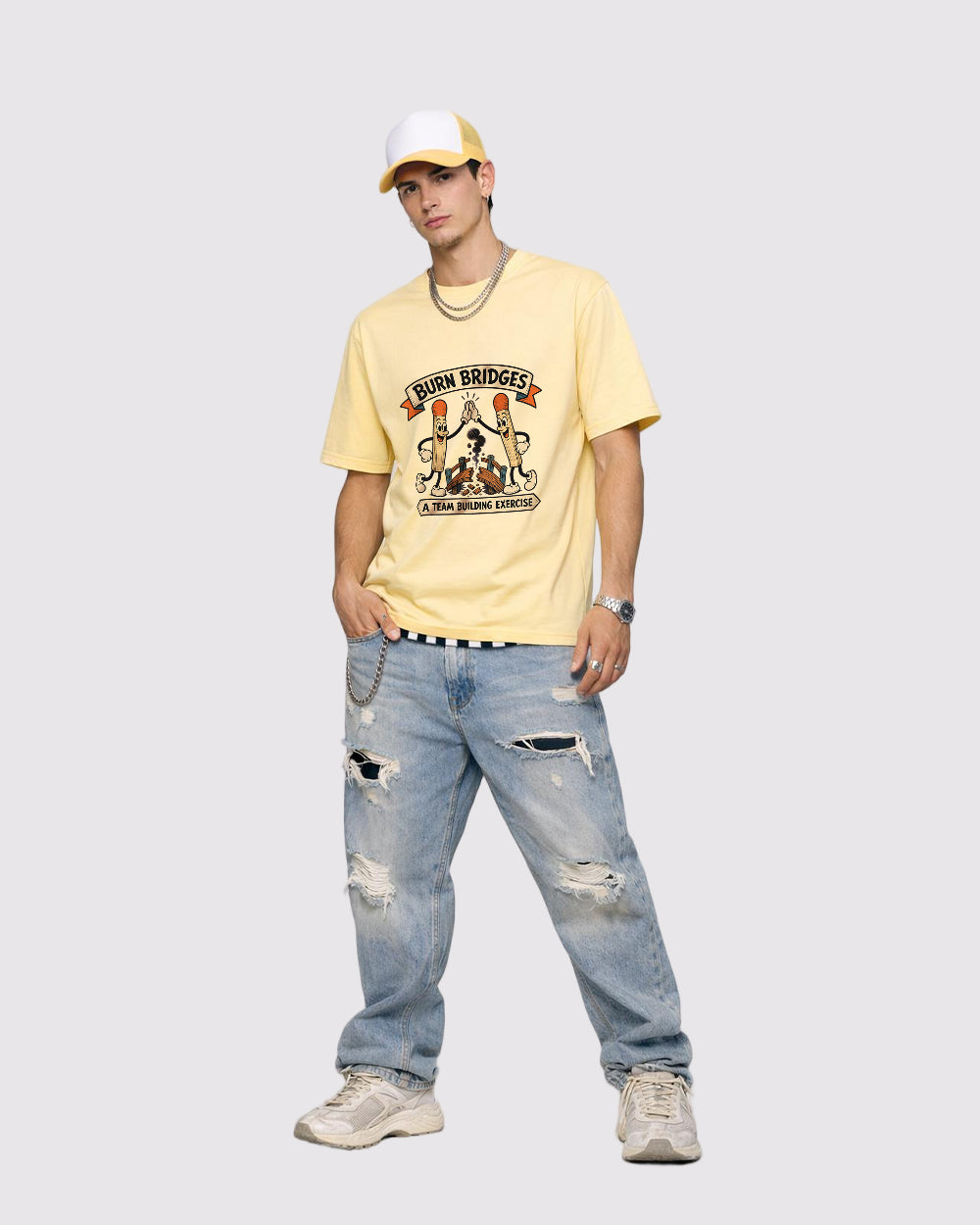 Beige Burn Bridges Team Building Graphic T-Shirt full body fit view 2 image