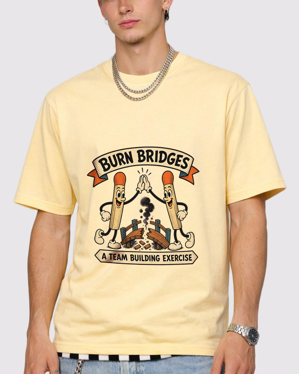 White Burn Bridges Team Building Graphic T-Shirt primary front view 1 image
