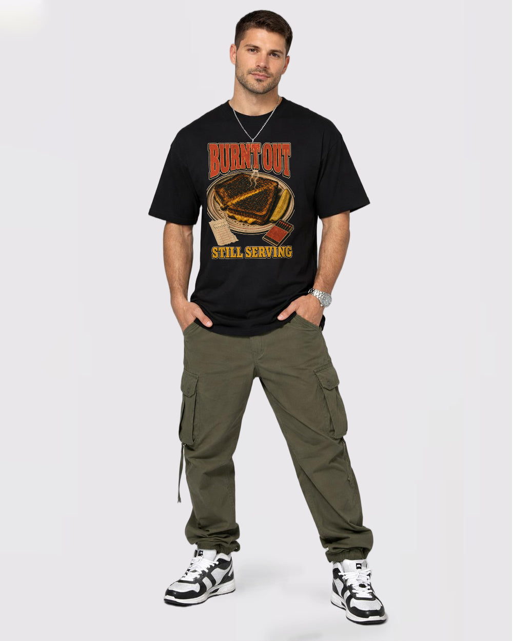 Burnt Out, Still Serving Food Graphic T-Shirt, full body fit view, image 2