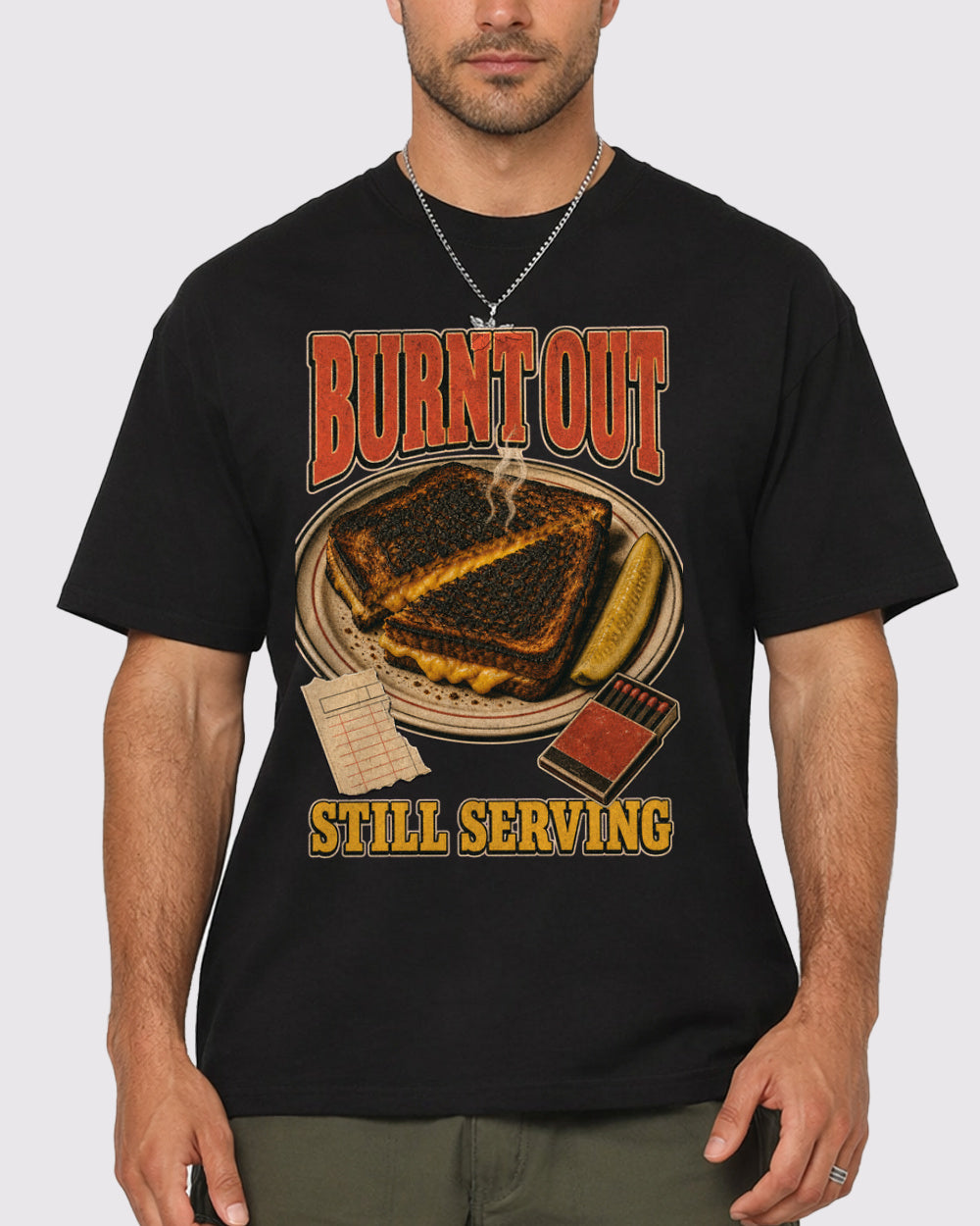 Burnt Out, Still Serving Food Graphic T-Shirt, primary front view, image 1