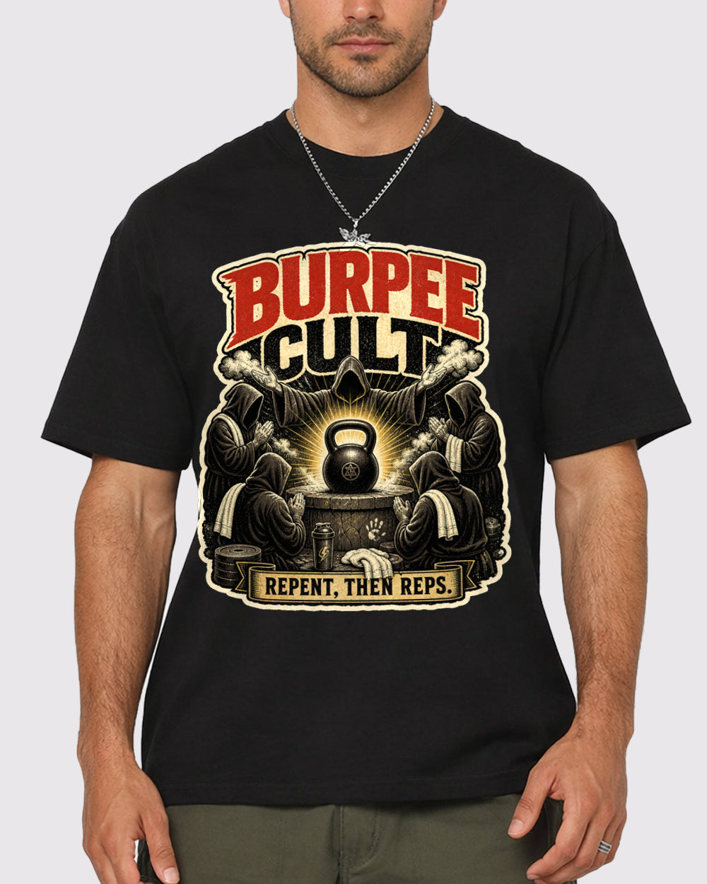 Burpee Cult Repent Then Reps Dark Graphic T-Shirt, primary front view, image 1
