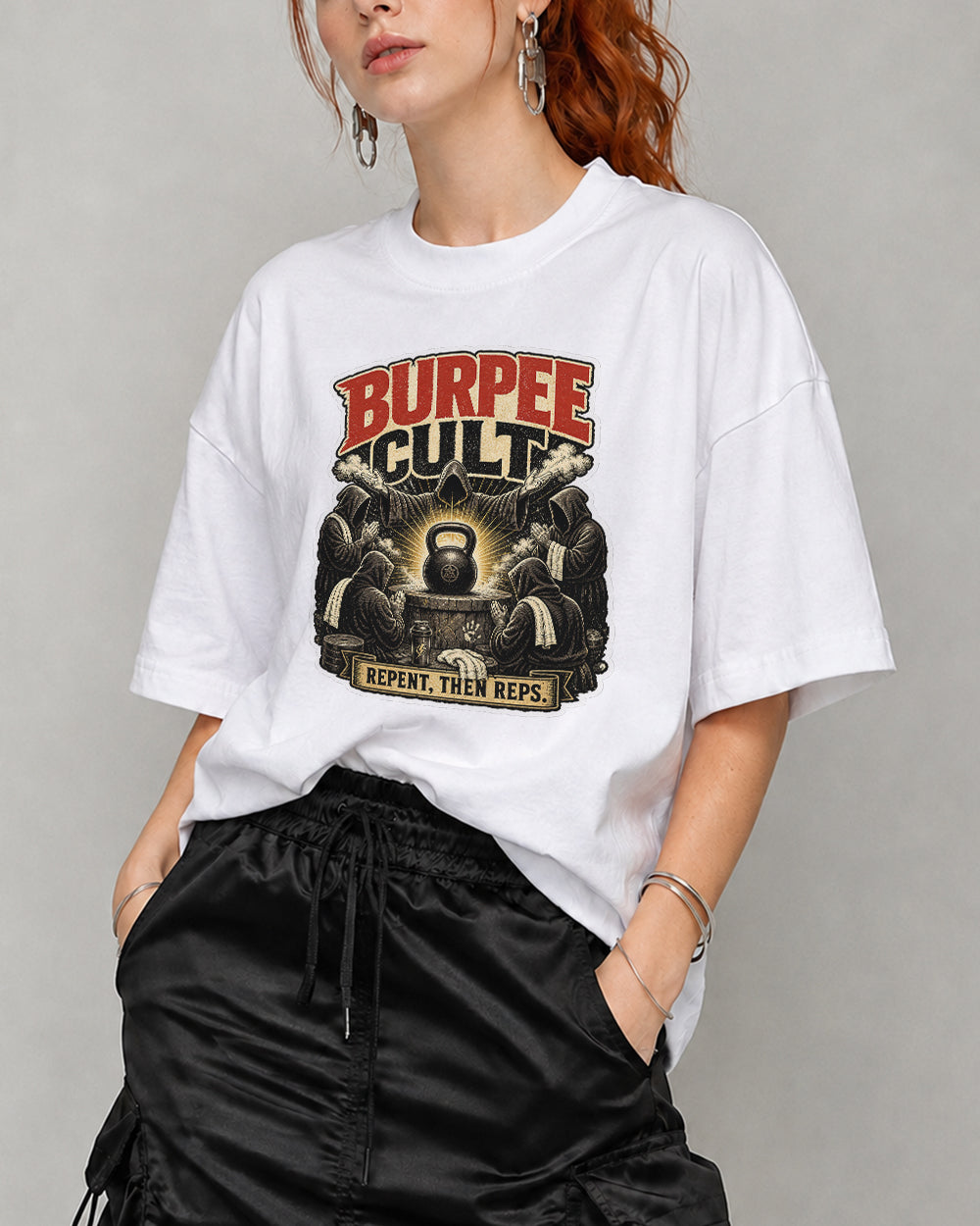 Burpee Cult Repent Then Reps Dark Graphic T-Shirt in White, front model view 2