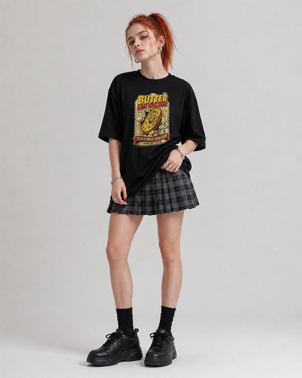 Butter Late Than Never Food Graphic T-Shirt in Black, front model view 1