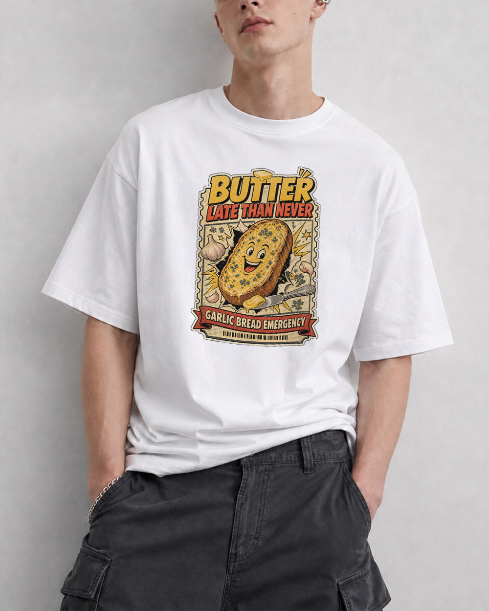Butter Late Than Never Food Graphic T-Shirt in White, front model view 3