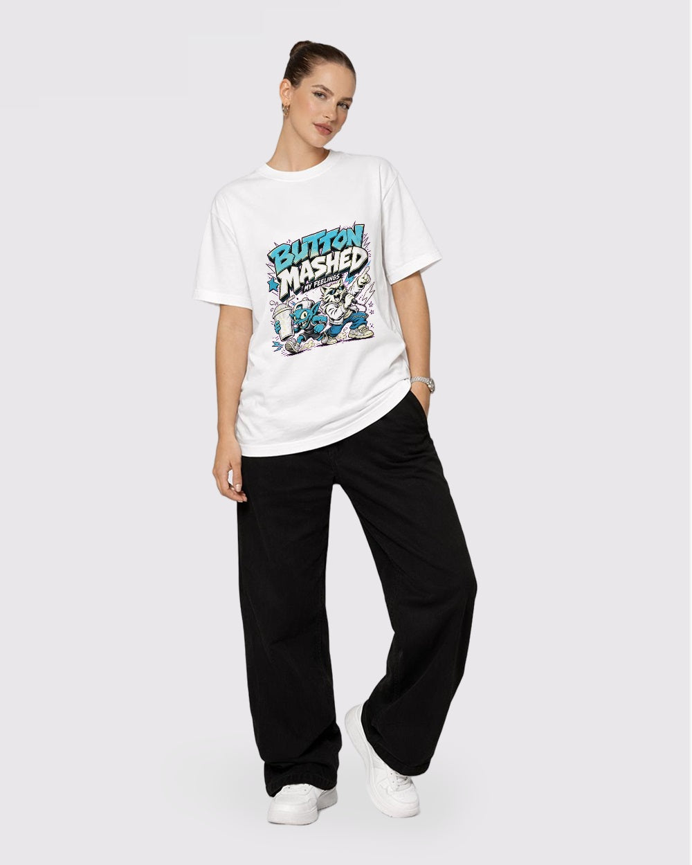 Button Mashed My Feelings Gaming Graphic T-Shirt, full body fit view, image 2