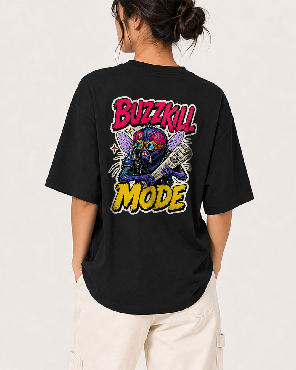 Buzzkill Mode Gaming Graphic T-Shirt in Black, back model view 1