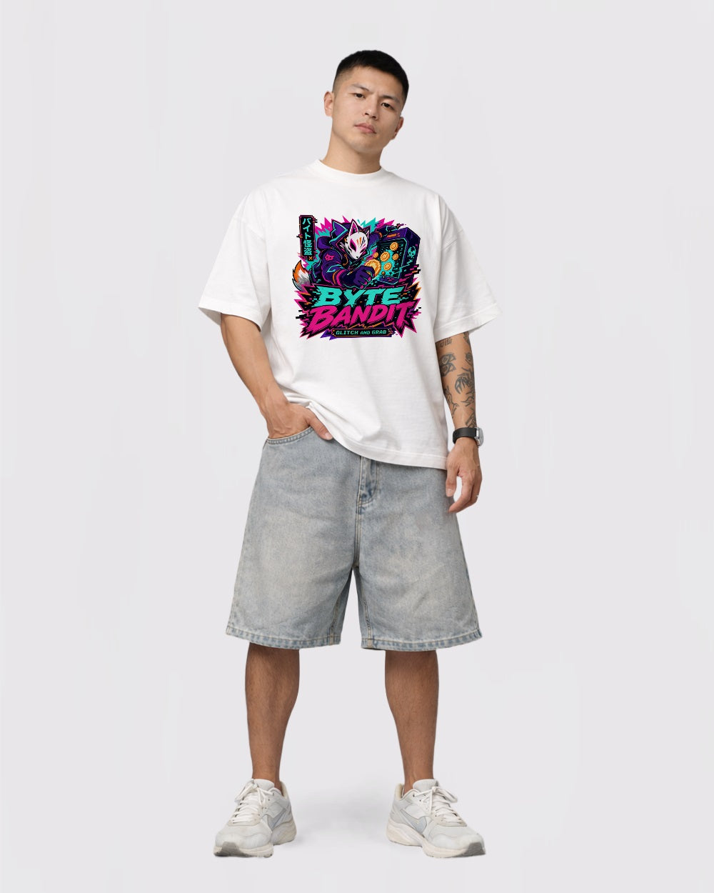 Byte Bandit Glitch and Grab Streetwear Graphic T-Shirt, full body fit view, image 2