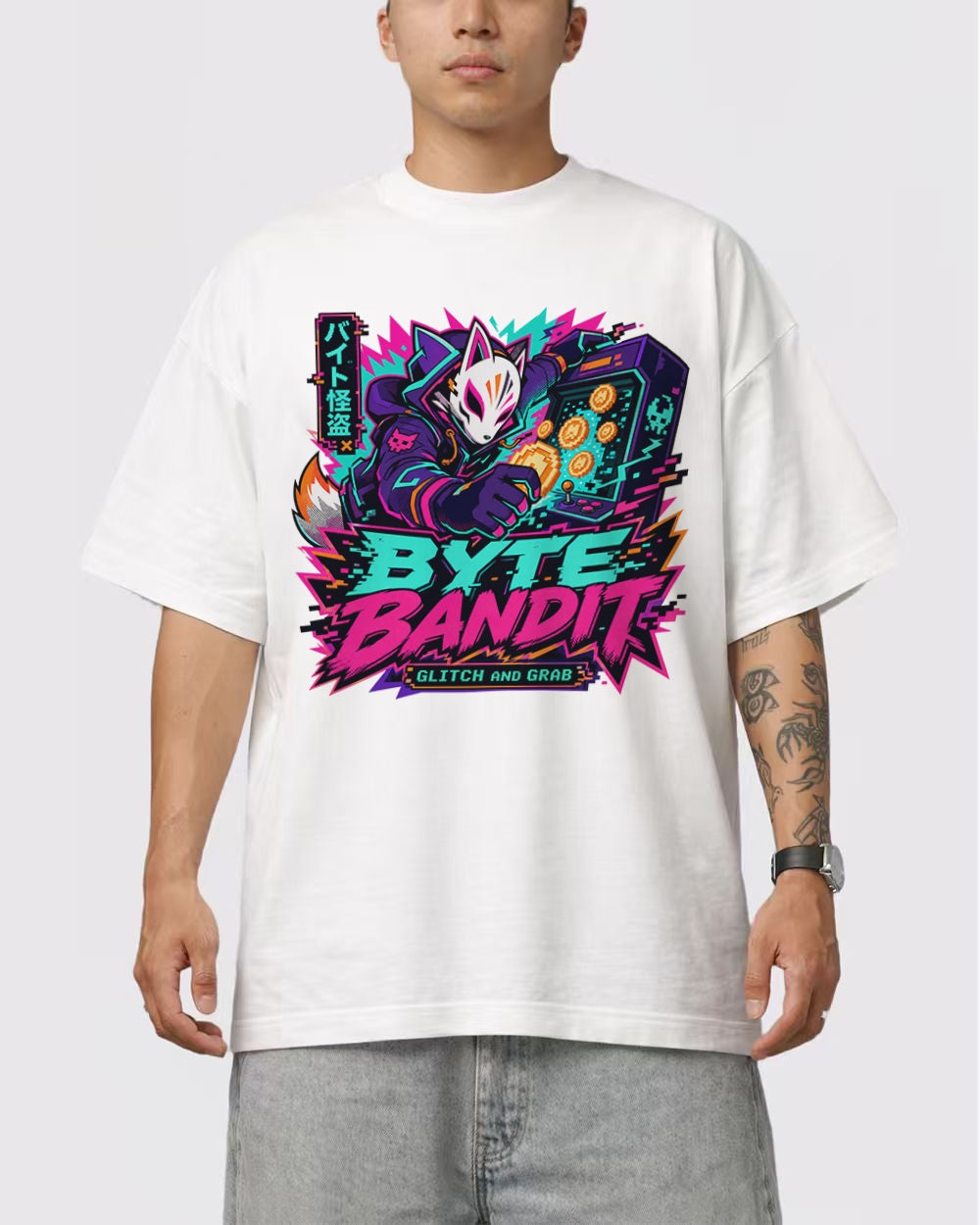Byte Bandit Glitch and Grab Streetwear Graphic T-Shirt, primary front view, image 1