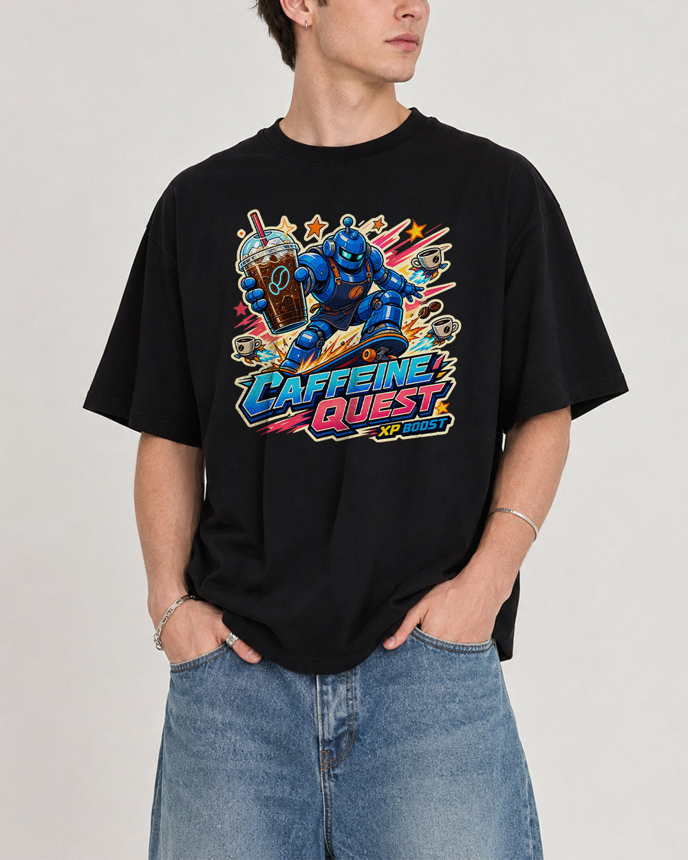 Caffeine Quest, XP Boost Streetwear Graphic T-Shirt in Black, front model view 1