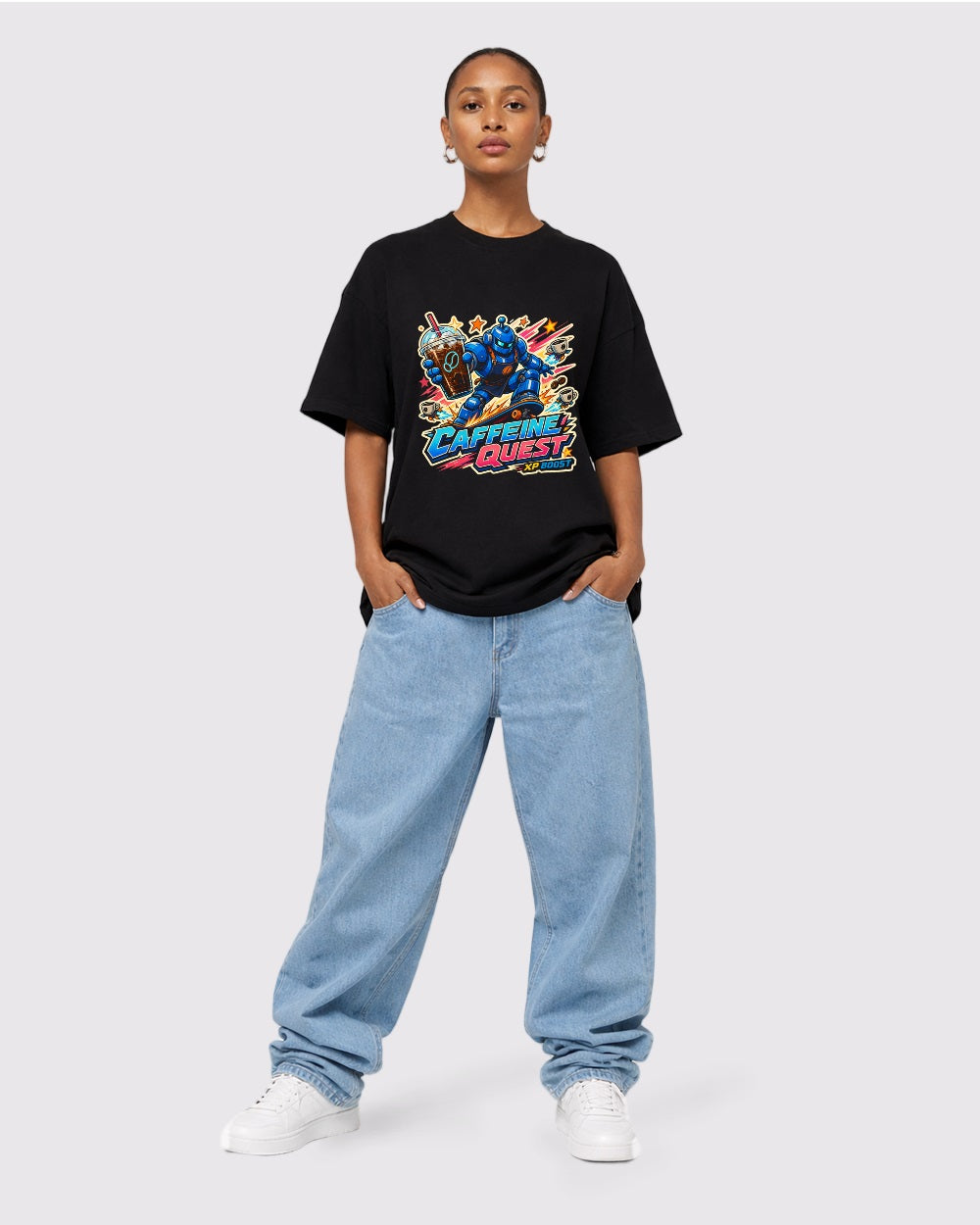 Caffeine Quest, XP Boost Streetwear Graphic T-Shirt, full body fit view, image 2