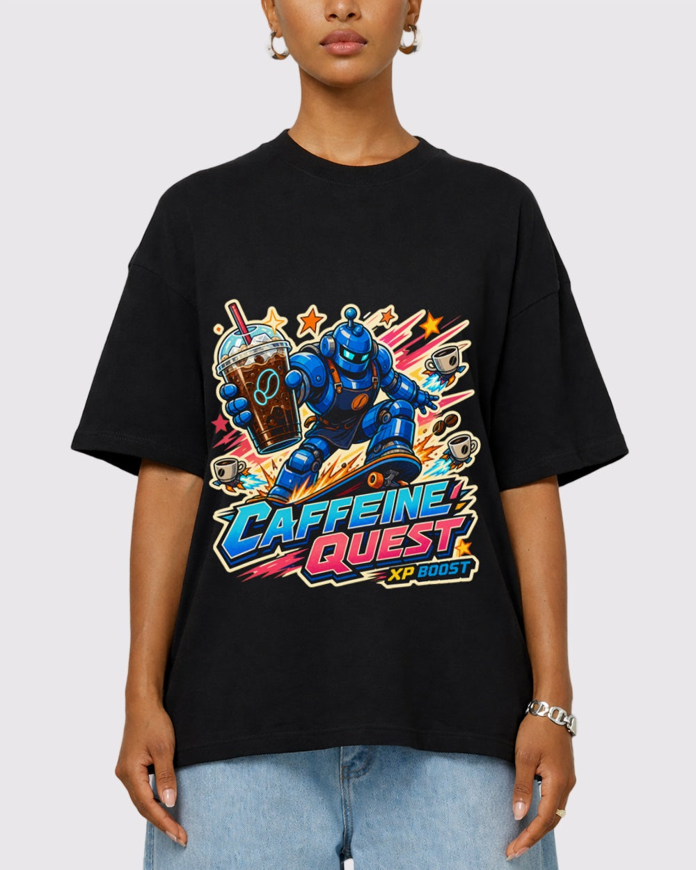 Caffeine Quest, XP Boost Streetwear Graphic T-Shirt, primary front view, image 1