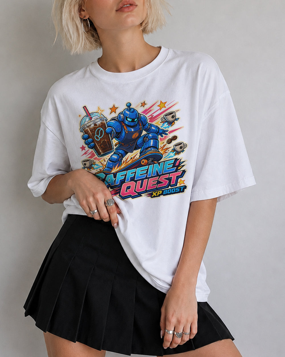 Caffeine Quest, XP Boost Streetwear Graphic T-Shirt in White, front model view 5