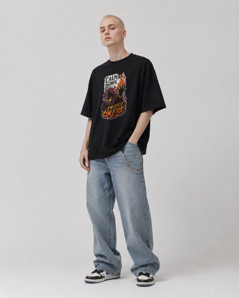Calm Down, I'm Only On Fire Dark Graphic T-Shirt in Black, front model view 1