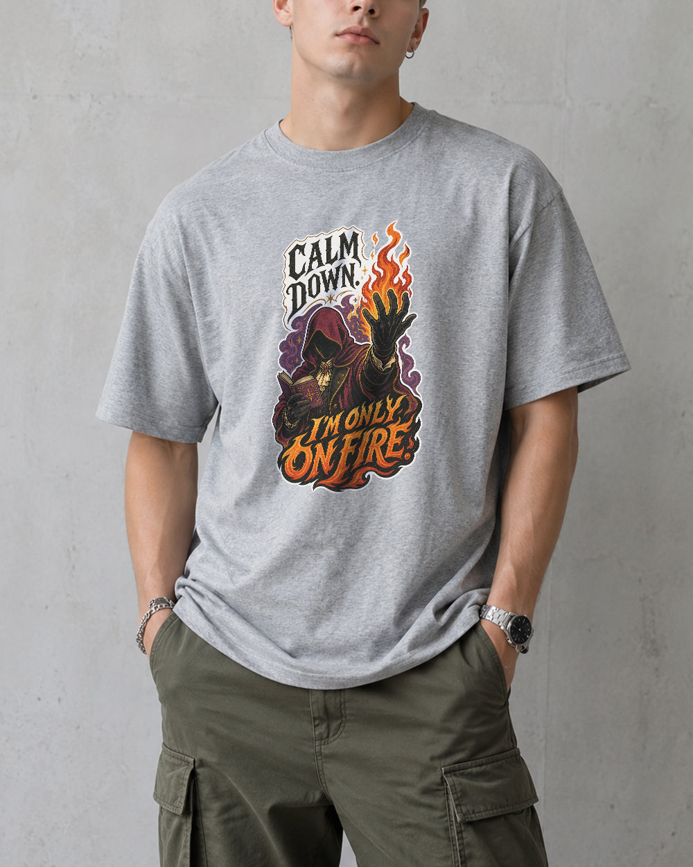 Calm Down, I'm Only On Fire Dark Graphic T-Shirt in Gray, front model view 6