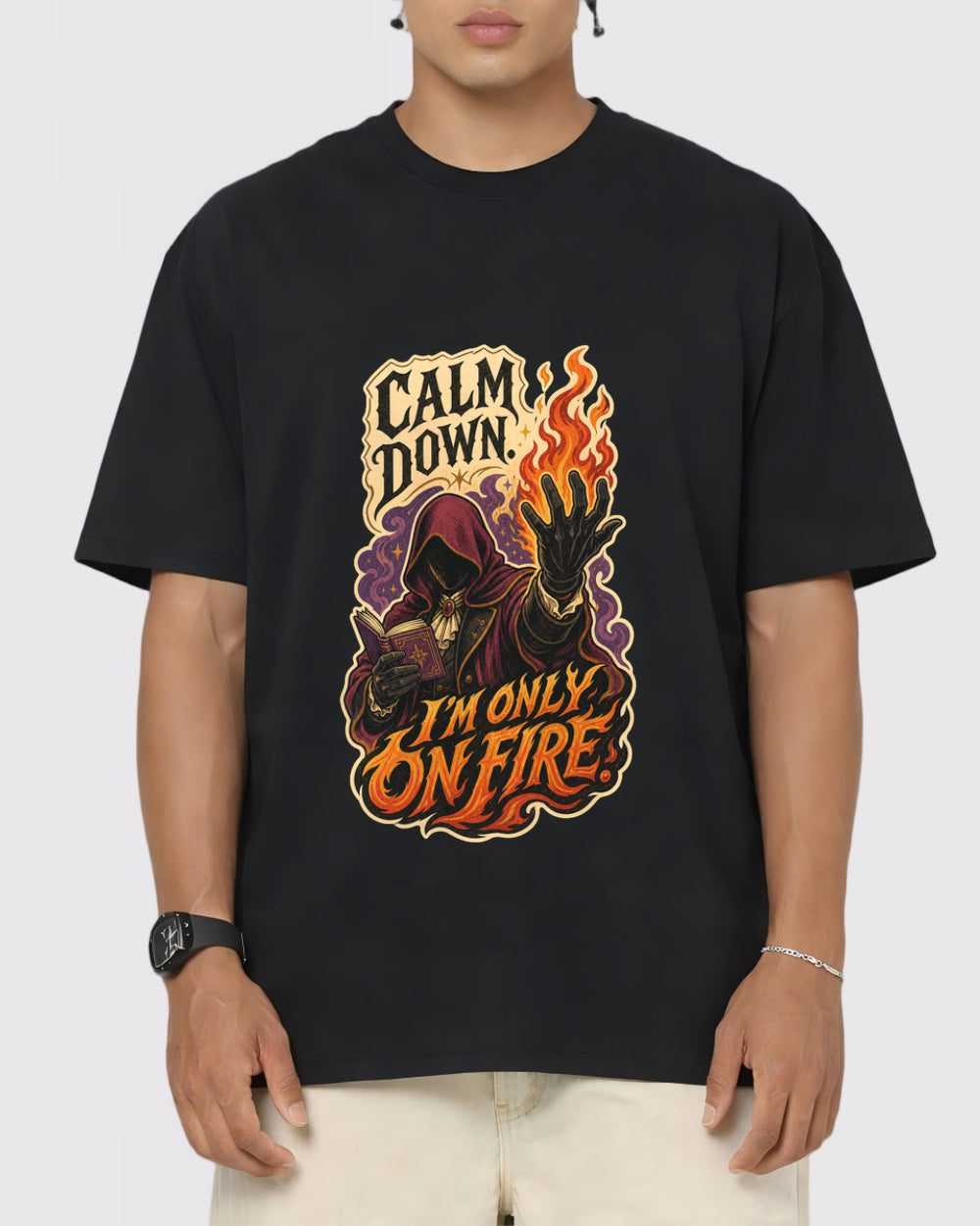 Calm Down, I'm Only On Fire Dark Graphic T-Shirt, primary front view, image 1