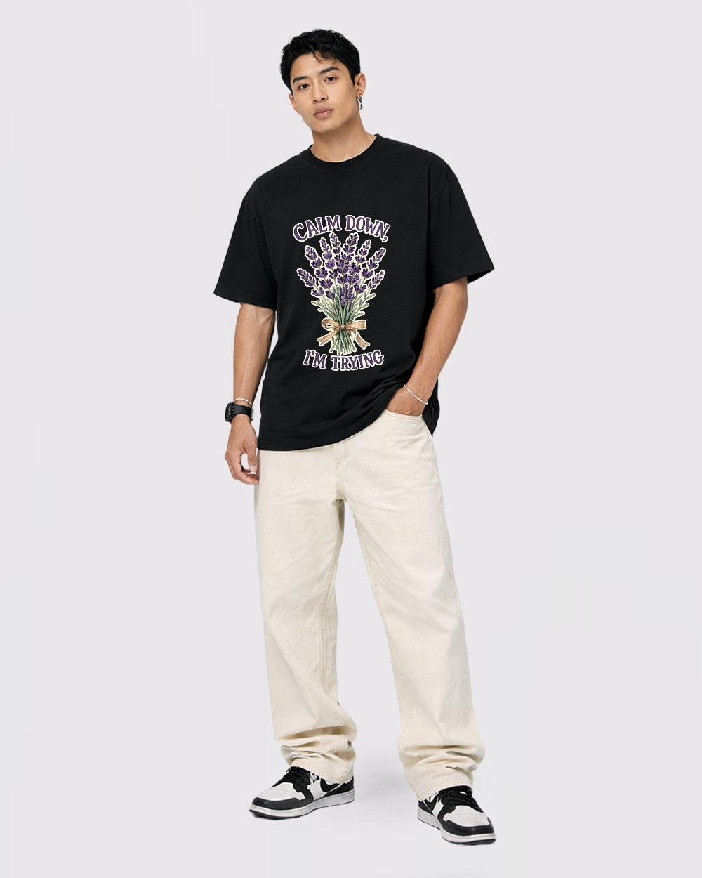Calm Down I'm Trying Nature Graphic T-Shirt, full body fit view, image 2