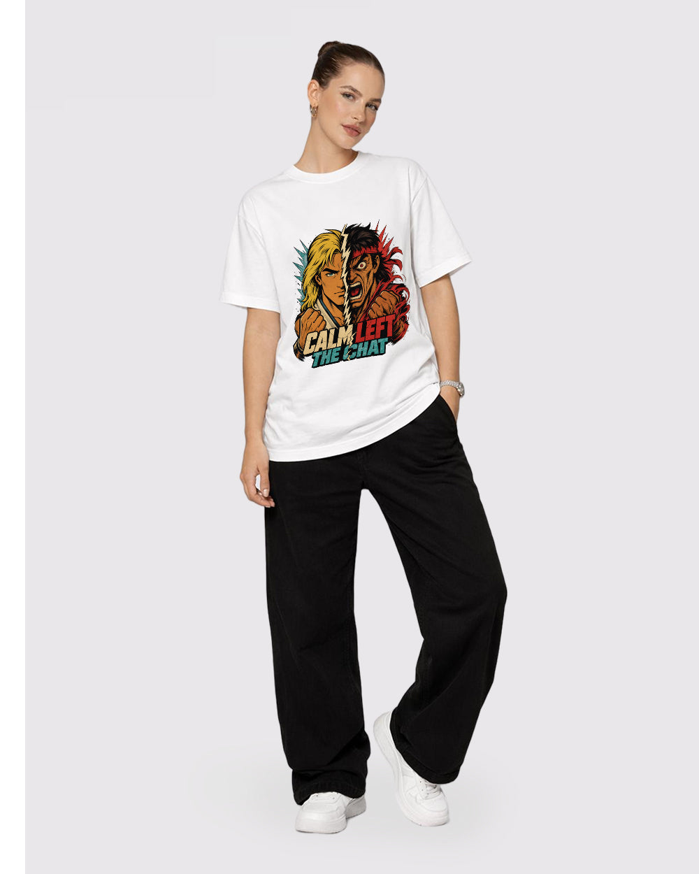 Beige Calm Left the Right Graphic T-Shirt full body fit view 2 image