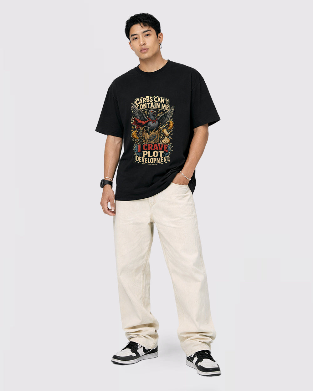 Carbs Can't Contain Me, I Crave Plot Dark Graphic T-Shirt, full body fit view, image 2