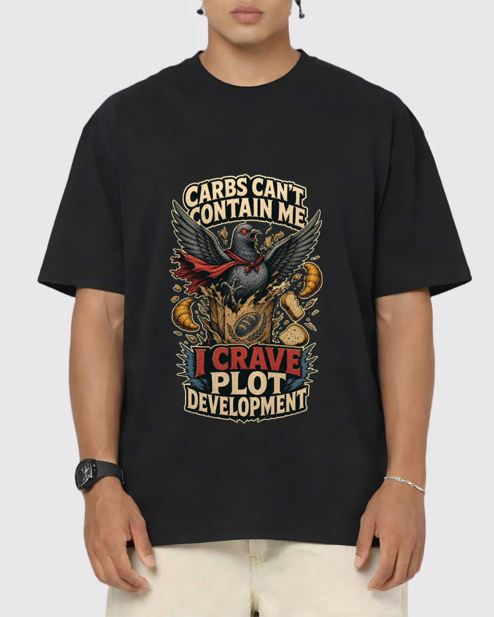Carbs Can't Contain Me, I Crave Plot Dark Graphic T-Shirt, primary front view, image 1