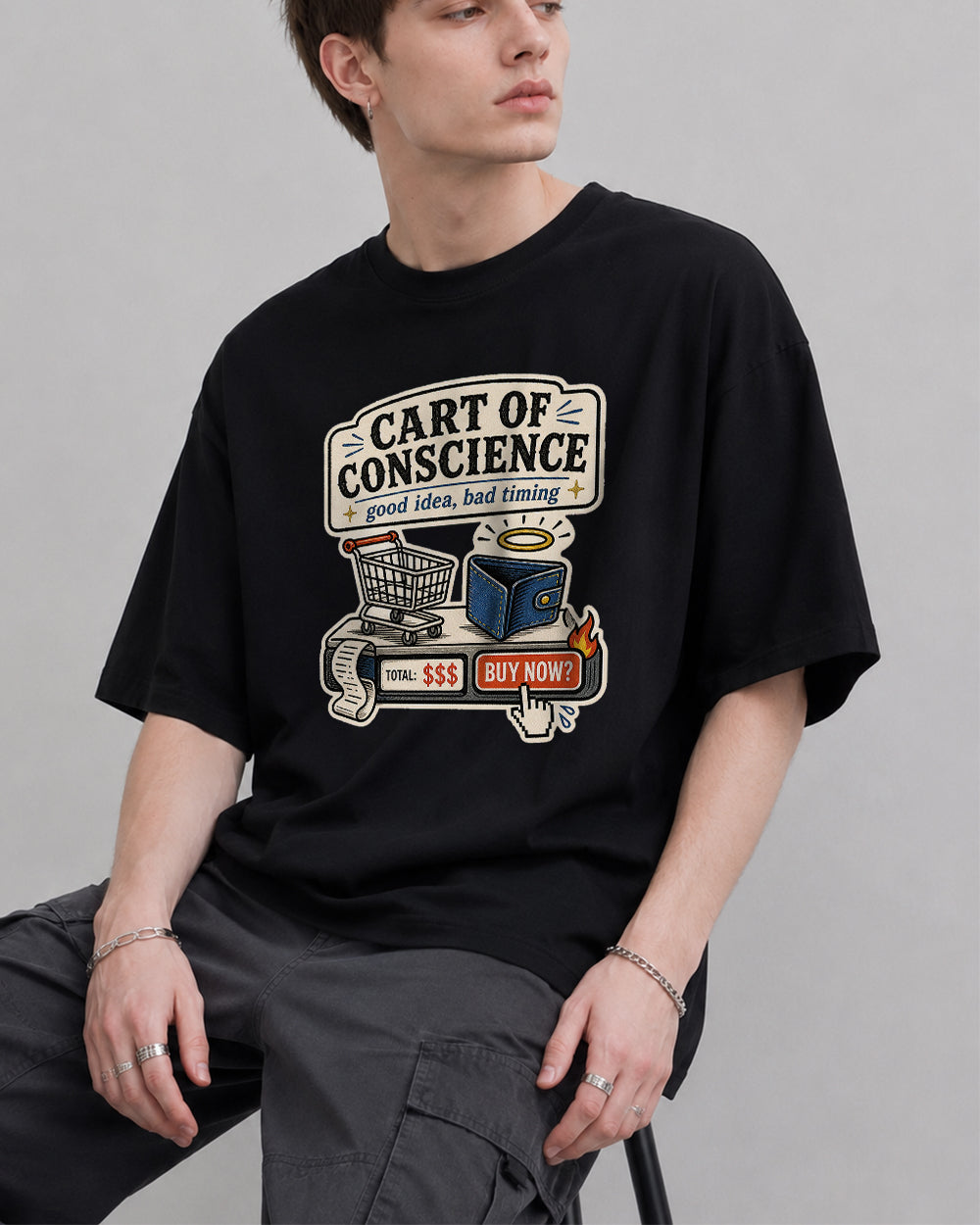 Cart Of Conscience, Good Idea Bad Timing Funny Graphic T-Shirt in Black, front model view 1