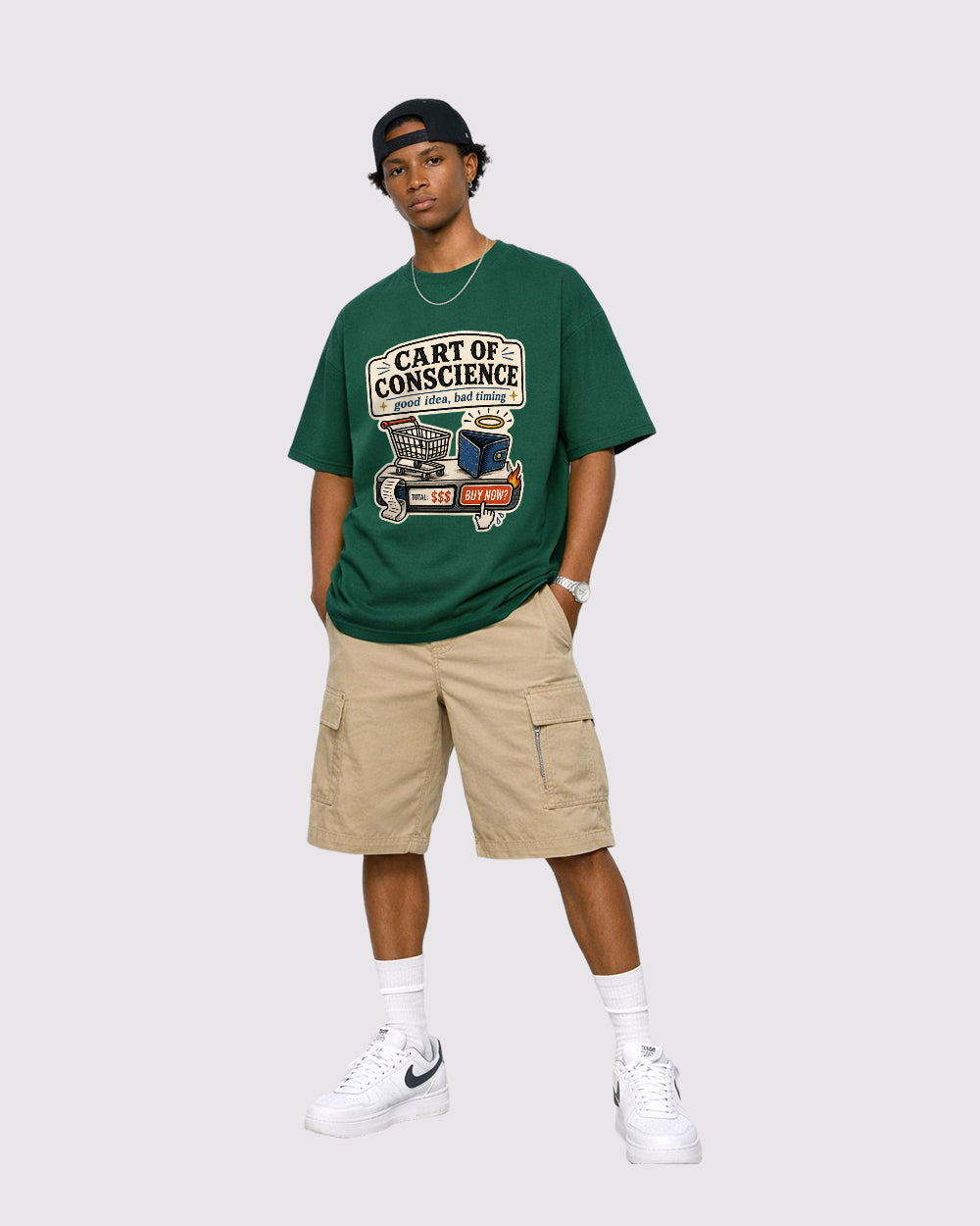 Cart Of Conscience, Good Idea Bad Timing Funny Graphic T-Shirt, full body fit view, image 2