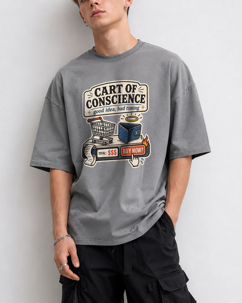 Cart Of Conscience, Good Idea Bad Timing Funny Graphic T-Shirt in Gray, front model view 4