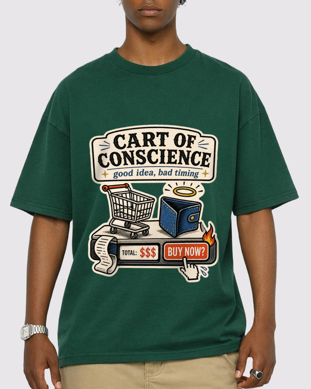 Cart Of Conscience, Good Idea Bad Timing Funny Graphic T-Shirt, primary front view, image 1
