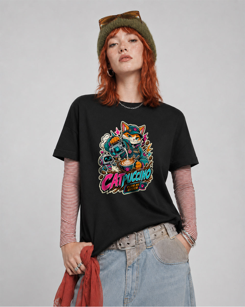 Catpuccino, Purr My Order Streetwear Graphic T-Shirt in Black, front model view 1