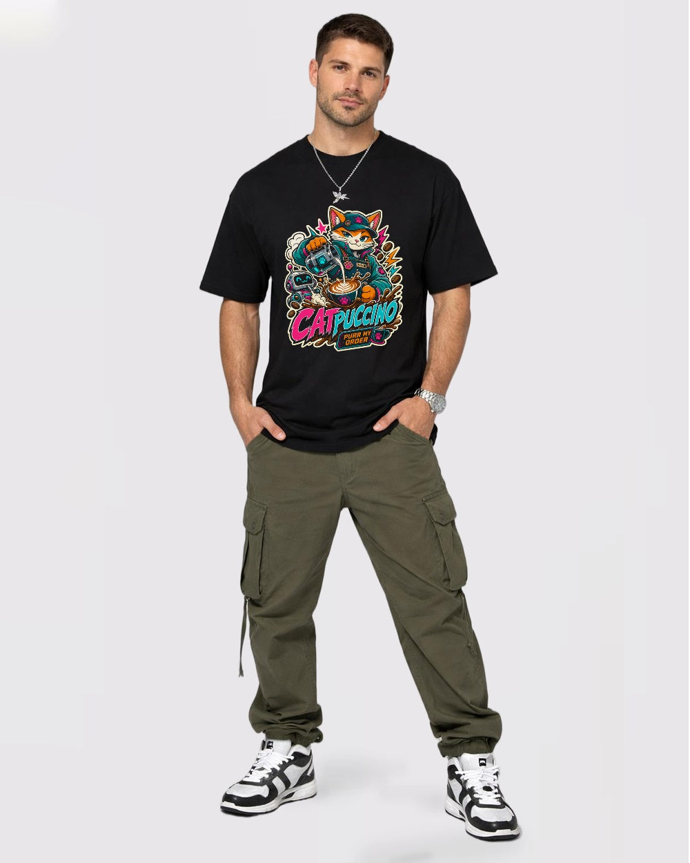 Catpuccino, Purr My Order Streetwear Graphic T-Shirt, full body fit view, image 2